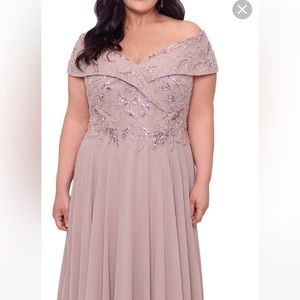XSCAPE Beaded Off The Shoulder Chiffon Gown. Size 22. Color:  Taupe. New W/ Tags